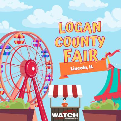 Illustration for the Logan County Fair in Lincoln, IL featuring a Ferris wheel, blue and red tent, and a Watch Communications stand